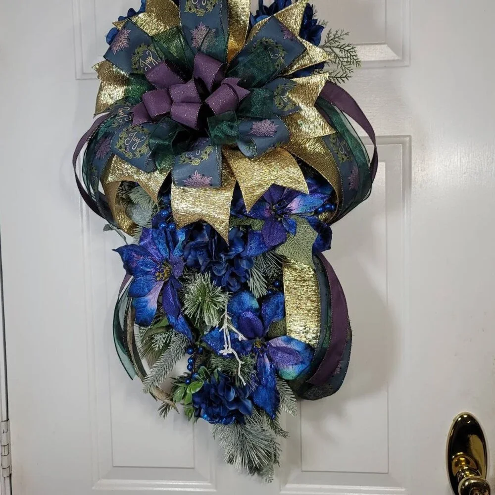 Blue Joy Poinsettia and Hydrangea with Mixed Pines Swag, Holiday Swag